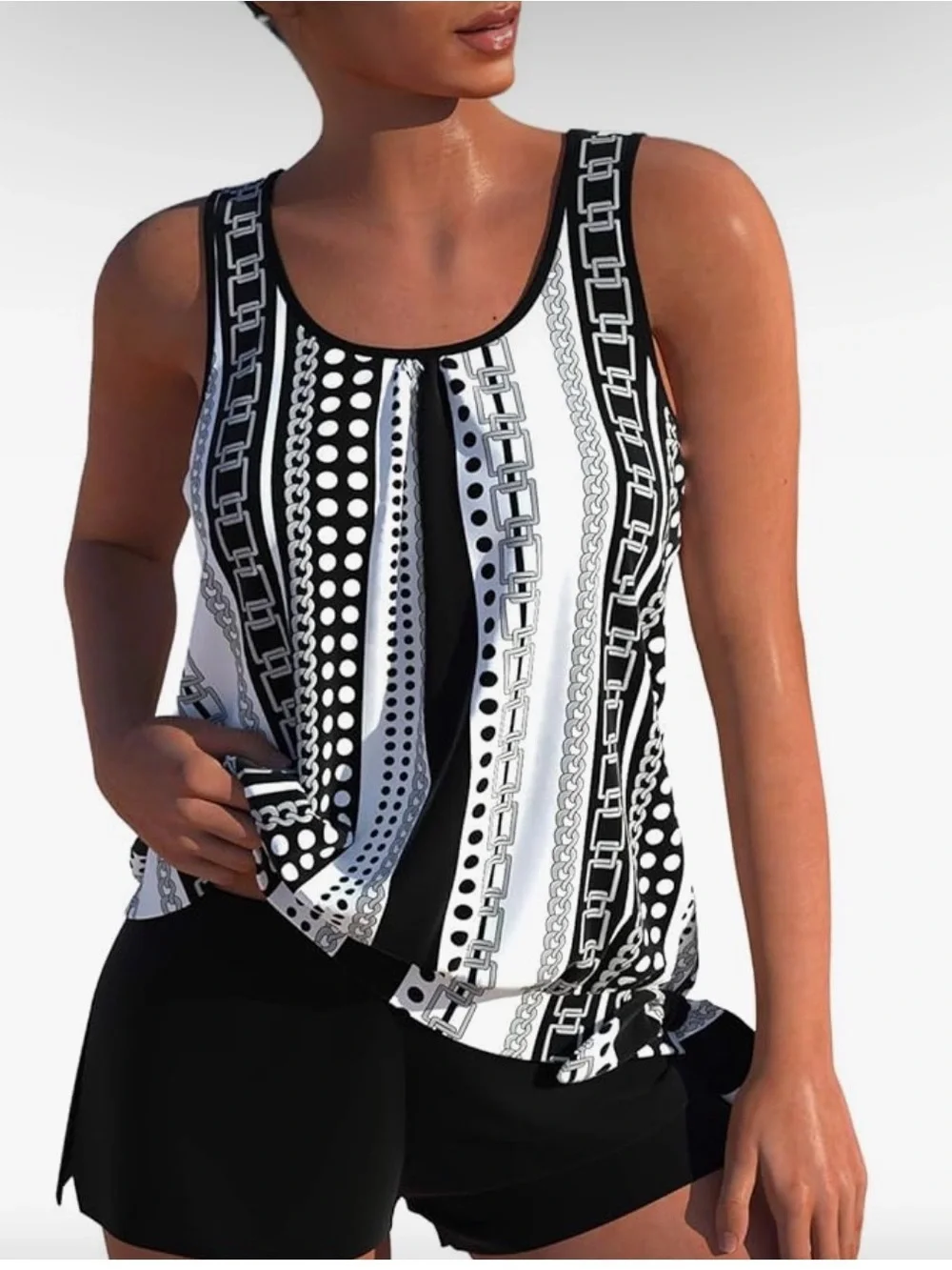 Women’s Black & White Patterned Tankini Swim Set.